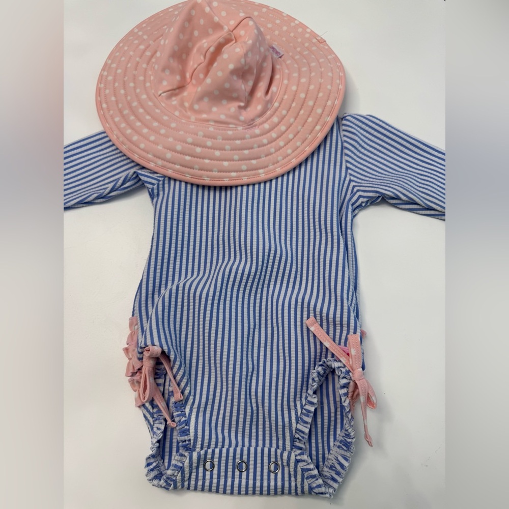 Ruffle Butts Blue and Pink Striped Swimsuit with Polka Dot Hat
